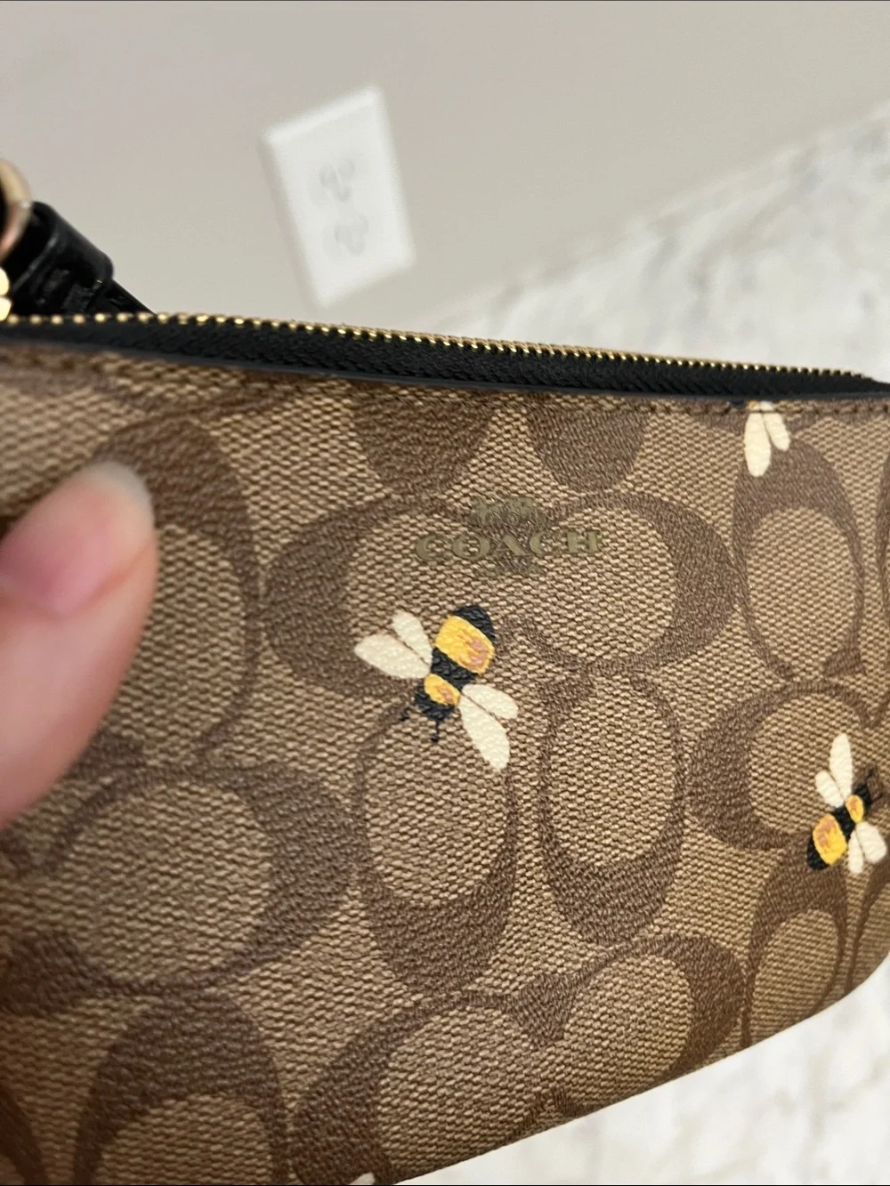 Coach Brown Bee Print Signature Zip Wristlet